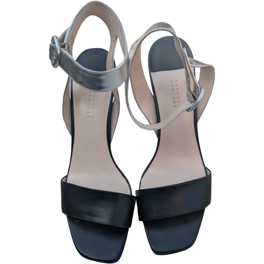 Barneys New York Silver Wedge Sandals Size 9 Ankle Strap Heels Designer Formal